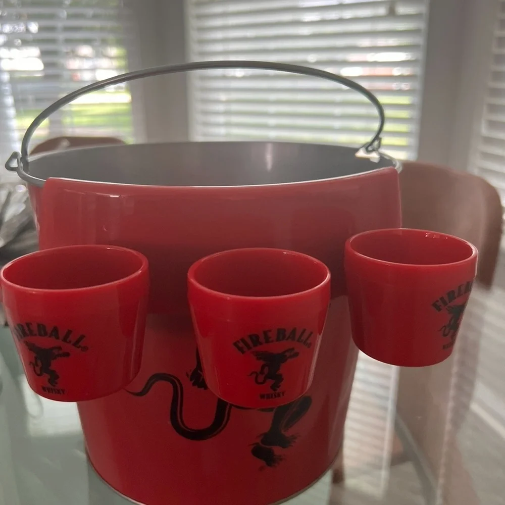 Fireball Red‎ Galvanized Metal Canister Bucket & 3 shot Fireball and T Shirt
